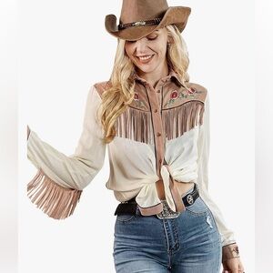 John Moon Texas Shirt Womens XXL Embroidered Fringe Button Long Sleeve Western
